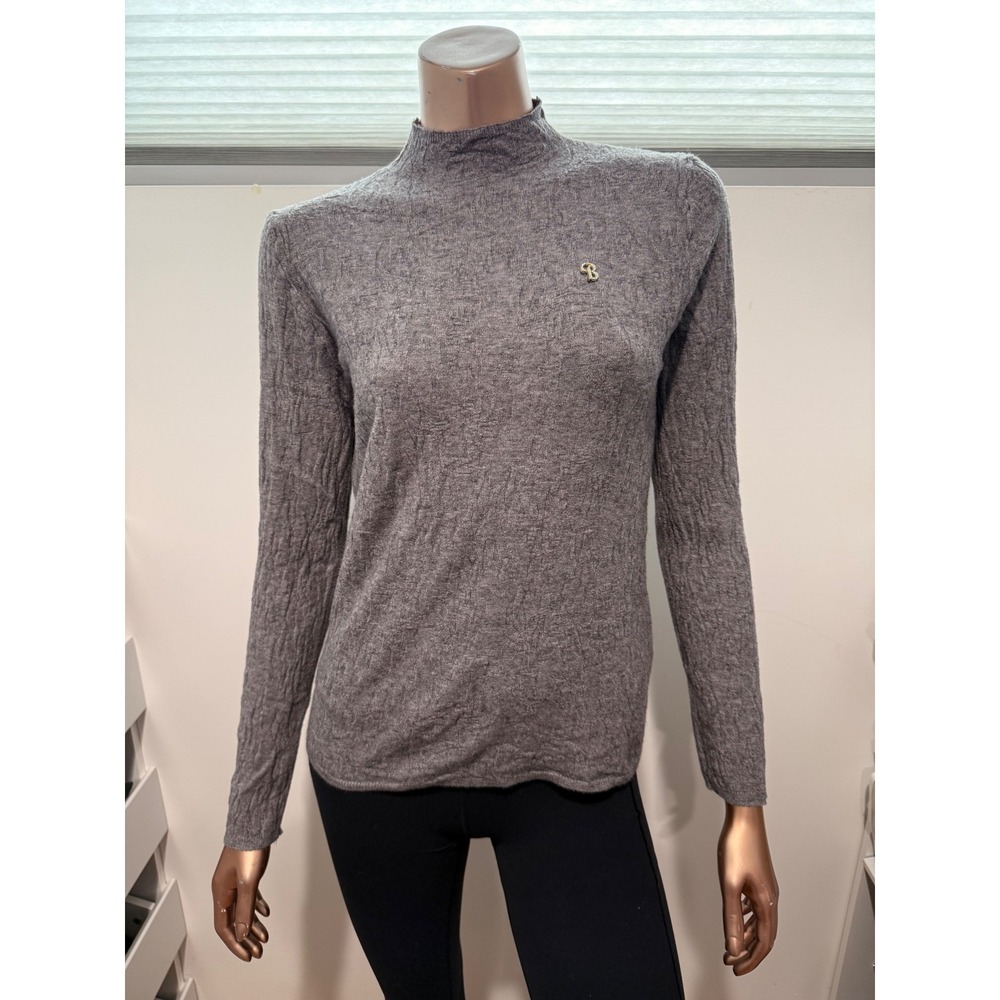 Gray Wool Mock Neck Textured Soft Sweater Rhinestone B Logo Thermo Layer Ski/S